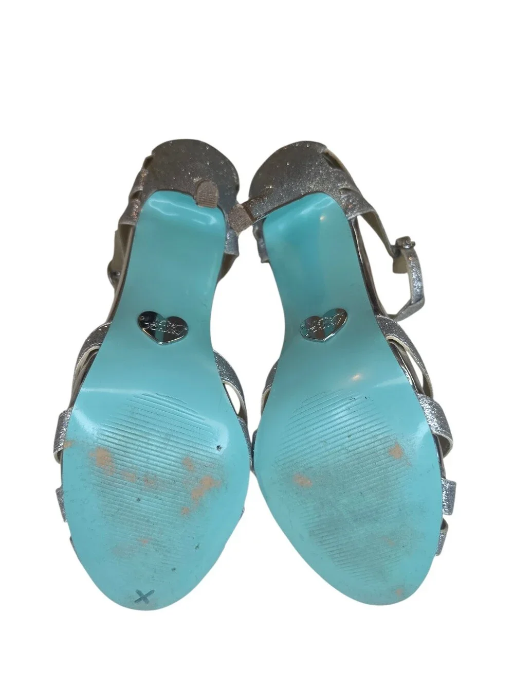 Betsey Johnson Blue SB-TEE Silver Glitter T-Strap Heeled Sandals, Size 8